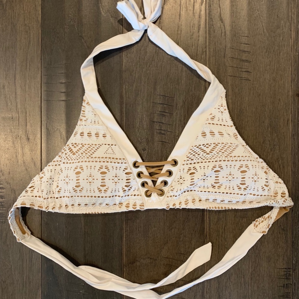 Becca tan and white bathing suit top
